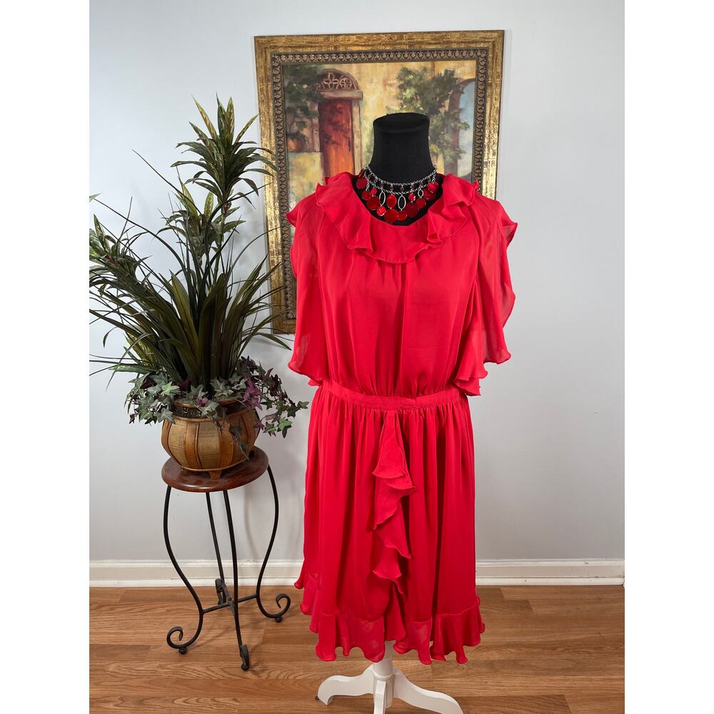 Prabal Gurung Sheath Dress Women's 12 Red Ruffles Zipper Back Cocktail Romantic